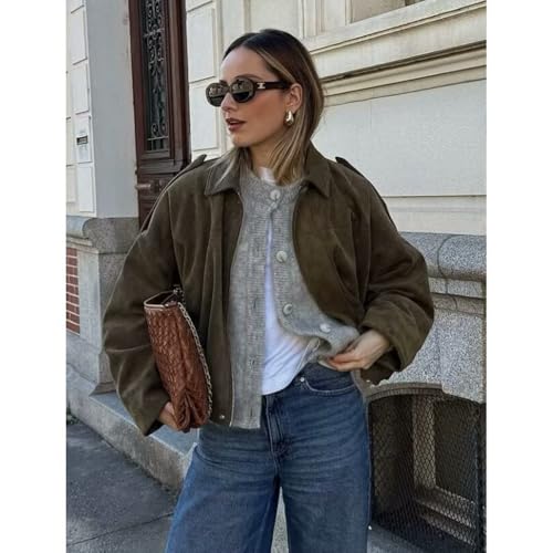 Women's Faux Suede Bomber Jacket, Lapel Long Sleeve Motorcycle Cropped Coat, Casual Oversized with Zipper, Streetwear Coats4