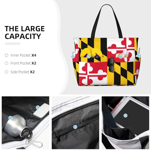 Flag Of Maryland Extra Large Tote Bag For Women,Foldable Beach Bag With Pocket Weekender Travel Overnight Bag3