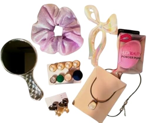 Image of Gift Hamper 7 Accessories Combo for Women & Girls Trendy Nacklase chain, Beauty Blendar, Heand mirror, Scrunchies, Bow Clip, Hair Pins & Earrings With Box