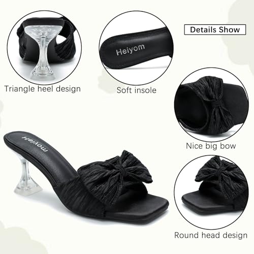 Women's Bowknot Heeled Sandals Square Toe Pleated Bow Heels Slippers Stilettos Mules Slip on Wedding Party Dress Shoe3
