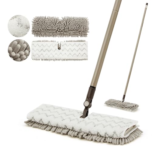 Eyliden Flip Dust Mop, Dual-Sided - One Side for Scrubbing, One Side for Dusting - Wet Dry Microfiber Mops for Hardwood Tile Laminate Ceramic Marble Floor Cleaning, 2pcs Reusable Pads Brown