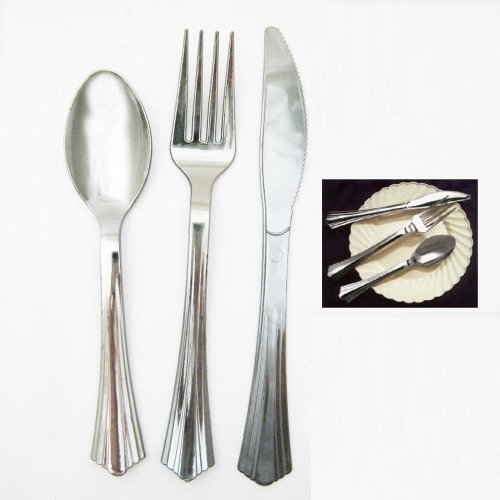 18 Plastic Cutlery Silver Forks Knives Spoons Party Tableware Disposable Elegant