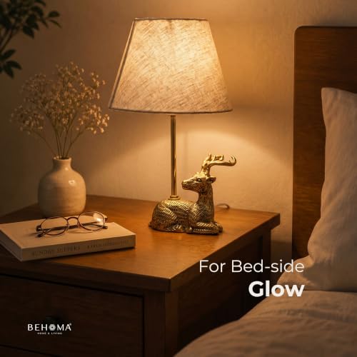 Image of BEHOMA Luxury Deer Figurine Table Lamp with Antique Gold Aluminium Base & Fabric Shade | Elegant Home & Office Decor | Gift for Men, Kids, Housewarming Anniversary & Birthday (Bulb not Included).