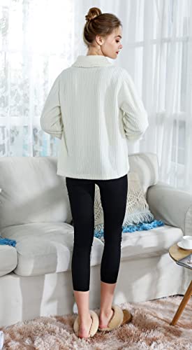 Loungees Women's Drop Needle Coral Fleece Shawl Collar Button Front Bed Jacket - 1X Ivory3