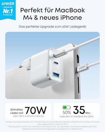Anker Nano 70W USB C Ladegerät, Laptop Ladegerät, 3-Port-Netzteil mit 70W schnellladegerät, kompakt & stylisch, für iPhone 17/Pro/Pro Max/iPhone Air/16/15, MacBook Air, iPad, Pixel, Galaxy und mehr