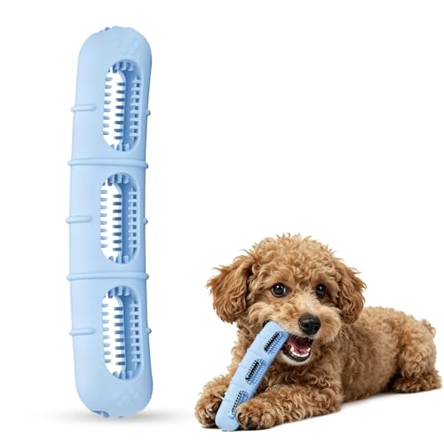 Bite and Brush Puppy Rubber Chew Toy for Teething, Chew Toys for Dogs with Bristles, Stuffable Rubber Teether for Small Medium Dogs, BPA-Free, Teeth Cleaning & Teething Relief, Keeps Puppy Busy (Blue)