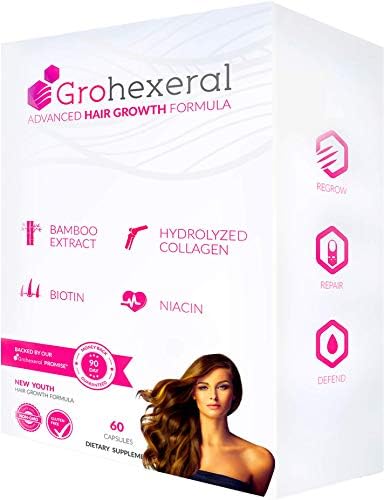 Grohexeral - Hair Growth & Regrowth Extra Strength Formula For Women - Longer, Stronger, Healthier Hair - Scientifically Formulated with Biotin, Niacin, Bamboo Extract, Hydrolyzed Collagen.
