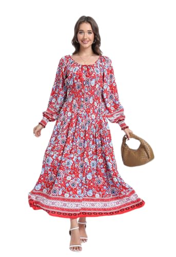 Image of OSTOO Women's 2026 Casual Long Sleeve Square Neck Smocked High Waist Flowy Maxi Dress,Boho Tiered Beach Party Dress