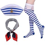 Zcbzbn Matrosen Kostüm Damen, 3-teiliges Set Blau-Weißes Matrosenmütze Schal und Overkneestrümpfe für Männer und Frauen, Sailor Costume Women Seemann Kostüm Herren für Seefahrer-Outfit & Karneval