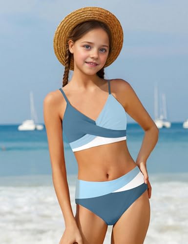 WIQI Girls Swimsuit Bikini Set 2 Piece Bathing Suits Color Block Criss Cross Swimwear Size 9-162