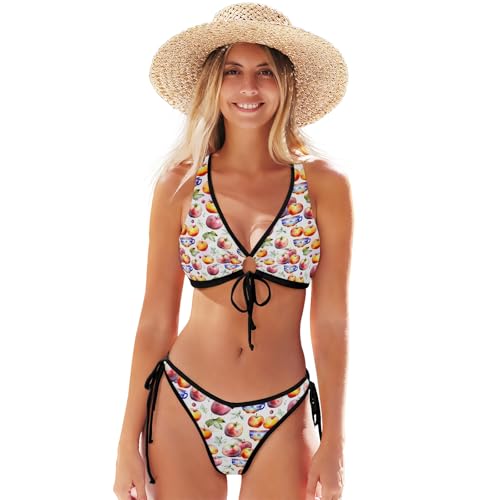 Sexy Triangle Bikini Set for Women Apples Cups White Front Tie Adjustable Top Heart-Shaped Cheeky Bottom