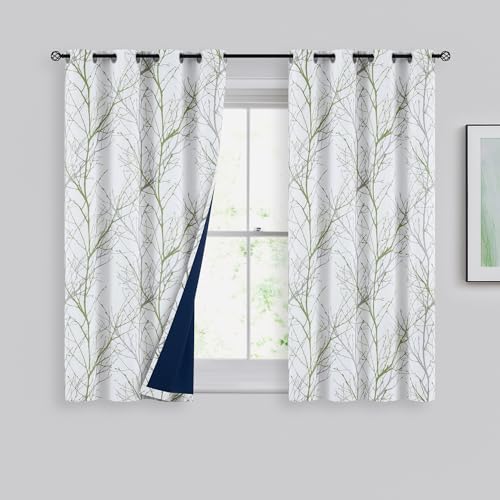 Fmfunctex Blackout Thermal Curtains for Bedroom 54 Inch Drop Green White Eyelet Curtains for Living Room Branch Print Room Darkening Energy Saving Window Curtain Drapes 2 Panels - Image 2