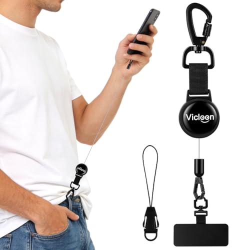 Vicloon Anti Diebstahl Handy Lanyard, Handy Sicherung mit Stahlseil & Karabiner, Modifizierbares Handys-Seil, Handys-Umhängeband für Outdoor wie Wandern, Klettern und Angeln, Schwarz