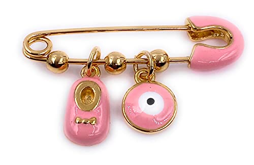 LESLIE BOULES It's A Girl 18K Gold Plated Brooch Pin for Baby Pink Evil Eye & Tiny Shoe Pendants