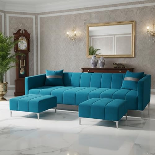 Image of Solomon 6 Seater L Shape Sofa Set with 2 Movable Ottoman | Flexible Left or Right Layout | Luxe Velvet Suede Fabric | Comfortable Seating | Modern Sofa for Living Room - Aqua Blue