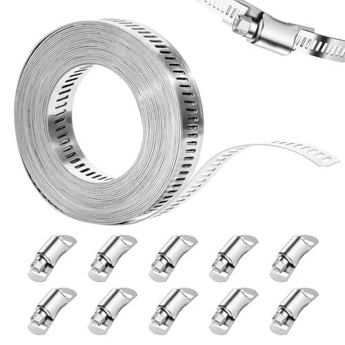 QingWing 4 metri Fascette Stringitubo, Regolabile Fascette Stringitubo Inox, Fascetta Metallica con 10 Morsetti, Fascettes in Acciaio Inox Adatto per Tubi del Carburante, Diesel, Dell'acqua e del Gas