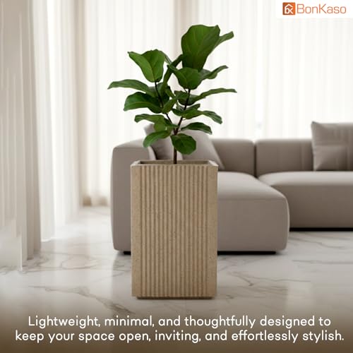Image of BonKaso 18 Inch Rolex Tower Planter for Indoor & Outdoor Use | Tall Square Heavy Duty Polymer Flower Pot | Weather Resistant Modern Planter for Living Room, Balcony, Terrace & Office Decor (Beige)