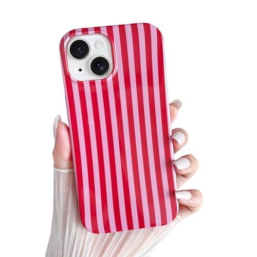 Yeddabox for iPhone 13 Case Cute Striped Phone Case Soft TPU Slim Shockproof Phone Cover for Women Girls, Red and Pink