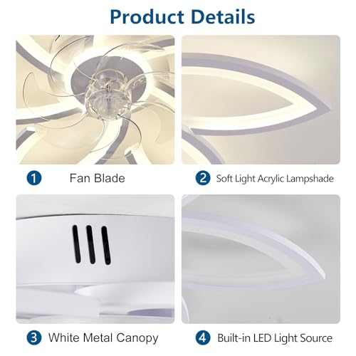 Dalouguan Ceiling Fan with Lights Remote Control, White Flower Ceiling Fan with Light, 3 Light Color Modern Low Profile Flush Mount Ceiling Fan for Kitchen Bedroom Living Room — view 6