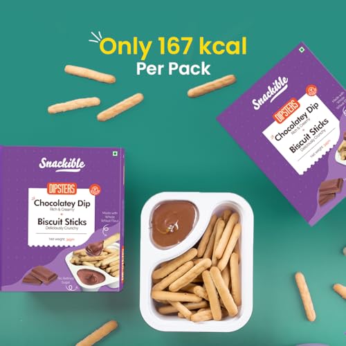 Image of Snackible Dipsters Chocolate Dip with Biscuit Sticks Pack of 24 x 34g | Baked Snack | Crunchy Biscuit Sticks with Creamy Chocolate Dip | Kids Snack | No Palm Oil
