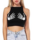 Ainuno Women's Skeleton Crop Top Tank Tee, Black Goth Skull Hands Print, Y2K Clothing