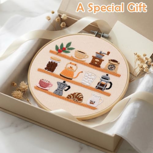 Image of Nuberlic Coffee Bar Embroidery Kit for Beginners | Aesthetic Coffee Shelf Design, Cross Stitch Starter Kit for Adults, Complete Needlepoint Kit