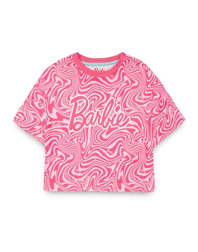 Barbie Girls Pajama Set | Childrens Wavy All Over Print Pink Short Sleeve Top & Shorts Graphic PJs Bundle with Scrunchie3