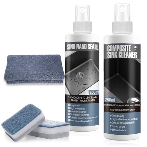 Granite Sink Cleaner 250ml, Impregnación para Fregaderos de Granito 200ml, Limpiador Encimeras Piedra Natural, con 2 Esponjas y 1 Paño de Microfibra, Limpieza y Mantenimiento de Diversos Fregaderos