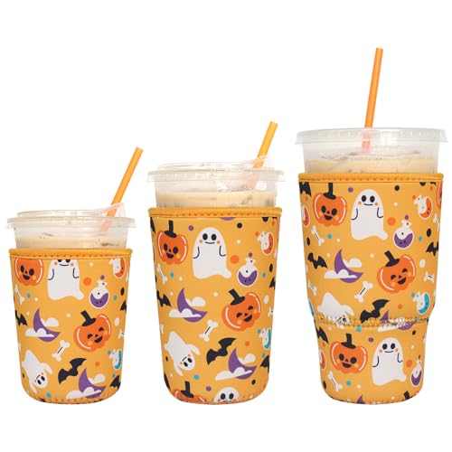 Image of 3 Pack Reusable Iced Coffee Sleeves - Xumbtvs Insulator Sleeve for Cold Beverages, Neoprene Coffee Cup Holder (Boo)