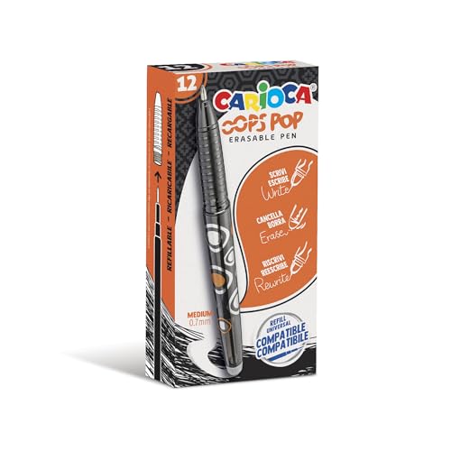 Carioca Bolígrafos Borrables Oops Pop Negro | Caja de 12 Bolígrafos Borrables Negro Recargables con Tinta Termosensible