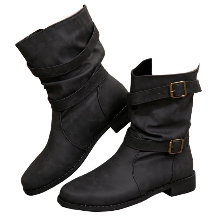 Womens Plus-size stylish retro solid-color ankle boots with PU upper and rubber sole Anti-slip and durable casual wear
