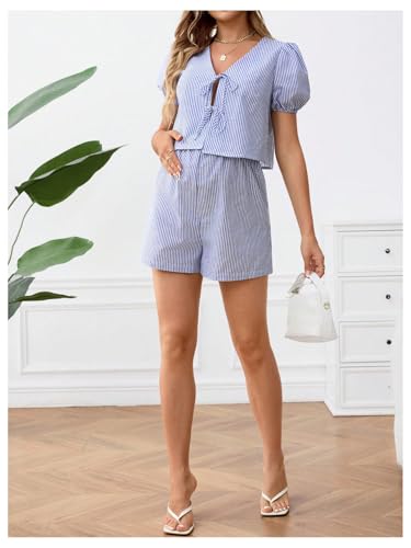 Image of MakeMeChic Women's Maternity 2 Piece Short Set Summer Striped V Neck Tie Puff Sleeve Shirt and Shorts Pajama Sets