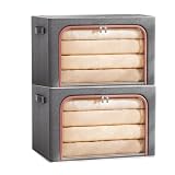 Organizador Armario, Lote de 2 Cajas Almacenaje Ropa Rígidas de 66L, Cajas Organizadoras con Marco de Metal, Almacenamiento y Organización para Armario y Debajo de la Cama