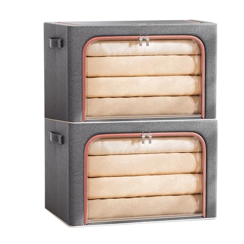 #Commissioniguadagnate<br>Lot di 2 Scatole per Armadio Rigide 66L 50x40x33CM Organizzatore Armadio con Telaio in Metallo Oxford Finestra Trasparente/Zip Contenitori per Armadio Salvaspazio Cassettiera per Armadio Interno