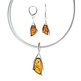 Inklusive Geschenkkarton Elegantes Bernstein Schmuck-Set von Artisana-Schmuck, Anhänger und Ohrringe aus 925/000 Sterling Silber rhodiniert und Bernstein, Halsreif aus 6-fach Edelstahldraht