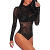 JomeDesign Women's Long Sleeve Sheer Mesh Black Bodysuit Tops Clubwear, Medium