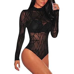 JomeDesign Women's Long Sleeve Sheer Mesh Black Bodysuit Tops Clubwear, Medium