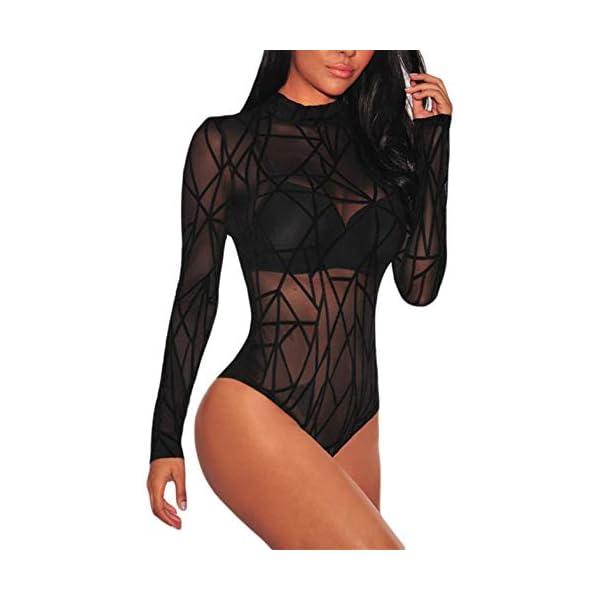JomeDesign Women's Long Sleeve Sheer Mesh Black Bodysuit Tops Clubwear, Medium