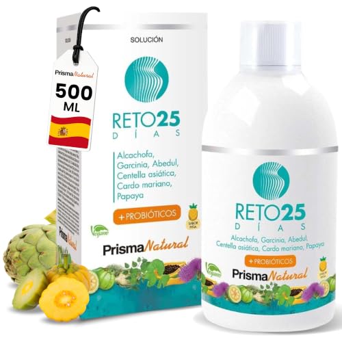Prisma Natural - RETO25 DÍAS - la retención de Líquidos y Grasas, efecto Detox Drenante y Probióticos - 18 activos: centella asiática, L-carnitina, alcachofa,te verde, aloe vera, abedul..500ml