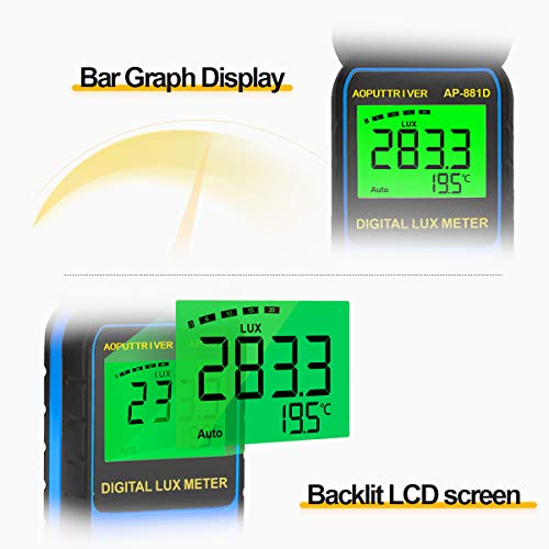Light Meter AP-881D Digital Illuminance Meter Ambient Temperature Measurer with Range up to 400,000 Lux Luxmeter,Rotatable Head for 270 Degrees,Display 3999,Data Hold,Back Light (Blue)
