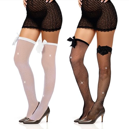 Image of CIATBYYJ 2 Pairs Hold up Stockings Fishnet Tights Suspenders with Bow, Sparkle Sexy Fishnet Mesh Hold Up Stockings for solo&Layer