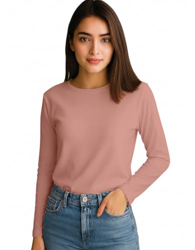 Image of JUNEBERRY Pure Cotton Round Neck Regular Fit Core Fashion Solid Full Sleeve T-Shirt for Women & Girls (Colors: Black, Cork, Green, Navy, Swanwhite & White)