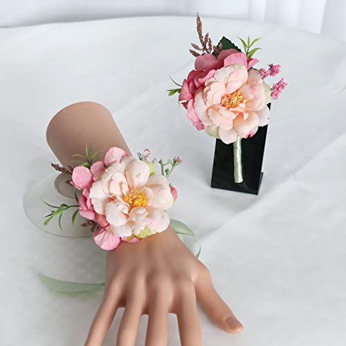 Ansuma Home Prom Iceberg Rose Corsage Boutonniere Set Real Touch Flowers Handmade Artificial Corsage Set Bride Hand Flower Men Boutonniere For For Party Ball Dancing Wedding With Lace Bow Decor (Pink) #TOP5