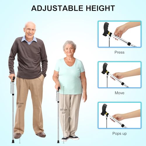 supregear Folding Cane, Lightweight 5-Level Adjustable Walking Stick with Wrist Strap and T-Handle, Portable Mobility Aid for Elderly and Disabled Men and Women, Silver - Thumbnail 3