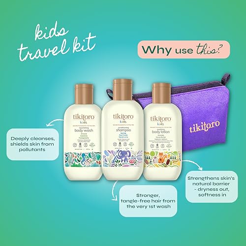 Image of Tikitoro Kids Travel Kit With Nourishing Body Wash, Soothing Body Lotion, Conditioning Shampoo, and a Travel Pouch | Gifting Set For Children (4-10 years) (3 x 75ml)