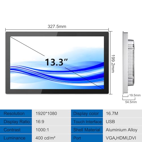 Image of GreenTouch 13.3 Inch Industrial Embedded Capacitive Touchscreen Monitor, Open Frame Multi-Touch Screen Industrial Front IP65 Monitor - HDMI+VGA+DVI - 1920 * 1080 Resolution