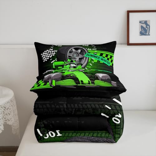 Image of Feelyou Kids Race Car Duvet Insert Queen Size, Green Racing Car Comforter Set Boys Girls for Karting Road Bedding Set Teens Bedroom Decor with 2 Pillow Case