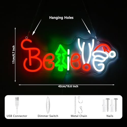 Image of Believe Neon Sign, Christmas Neon Signs For Wall Decor, Led Light Up Signs for Xmas Home Party Holiday Decorations Gifts