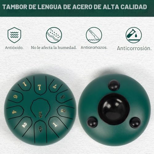 Miniatura 2 de Lomuty Steel Tongue Drum C Mayor, 6 Pulgadas 15 Cm 11 Notas Handpan Con Baquetas, Funda Protectora Y Partituras Musicales, Tambor Percusion La Meditación Y El Yoga, Verde