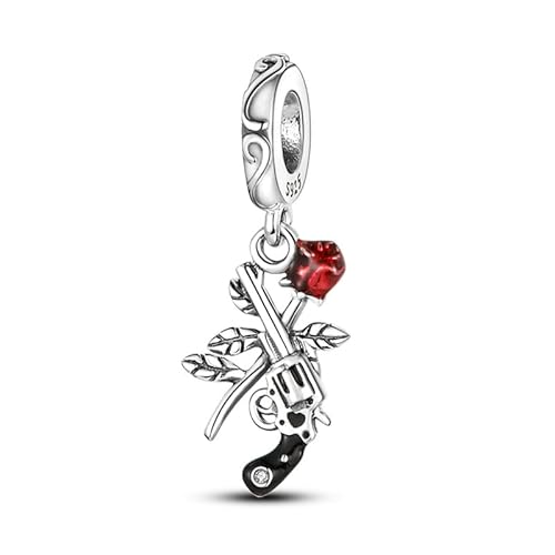 MARJS Guns n Roses Flower Revolver Love Charm Bead Pendant 925 Sterling Silver Dangle Compatible With Pandora Charm Bracelet